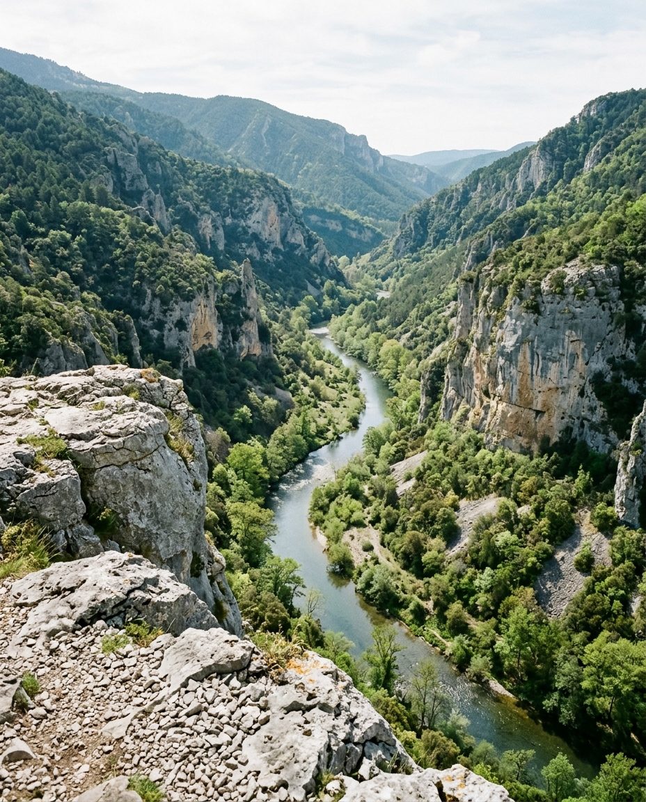 Vue depuis le Belvédère du Diable sur le défilé de Pierre-Lys et le fleuve Aude encaissé