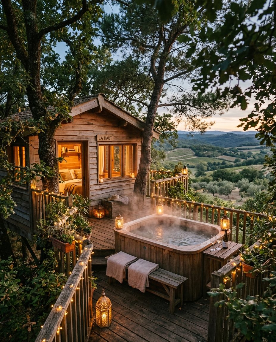 Cabane perchée dans les arbres au crépuscule dans l'arrière-pays de l'Aude, hébergement insolite et romantique