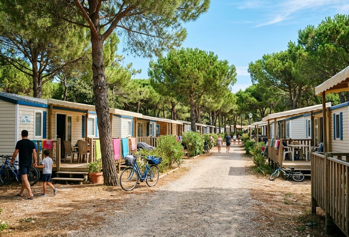 Camping en bord de mer à Gruissan dans l'Aude, mobil-homes et pins