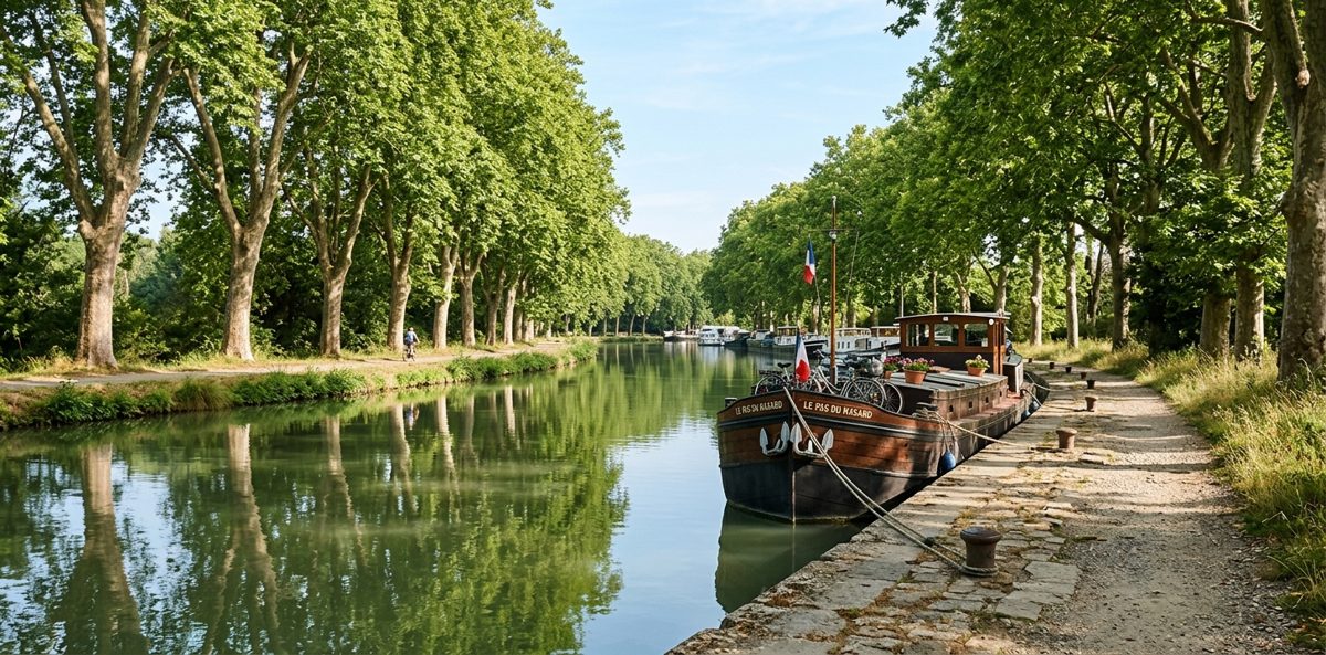 Les berges ombragées de platanes du Canal du Midi à Carcassonne avec une péniche