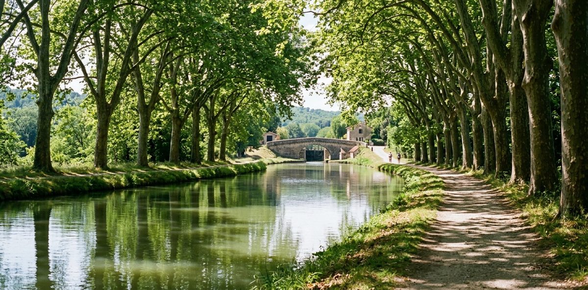 Le Canal du Midi bordé de platanes dans l'Aude, reflets sur l'eau calme