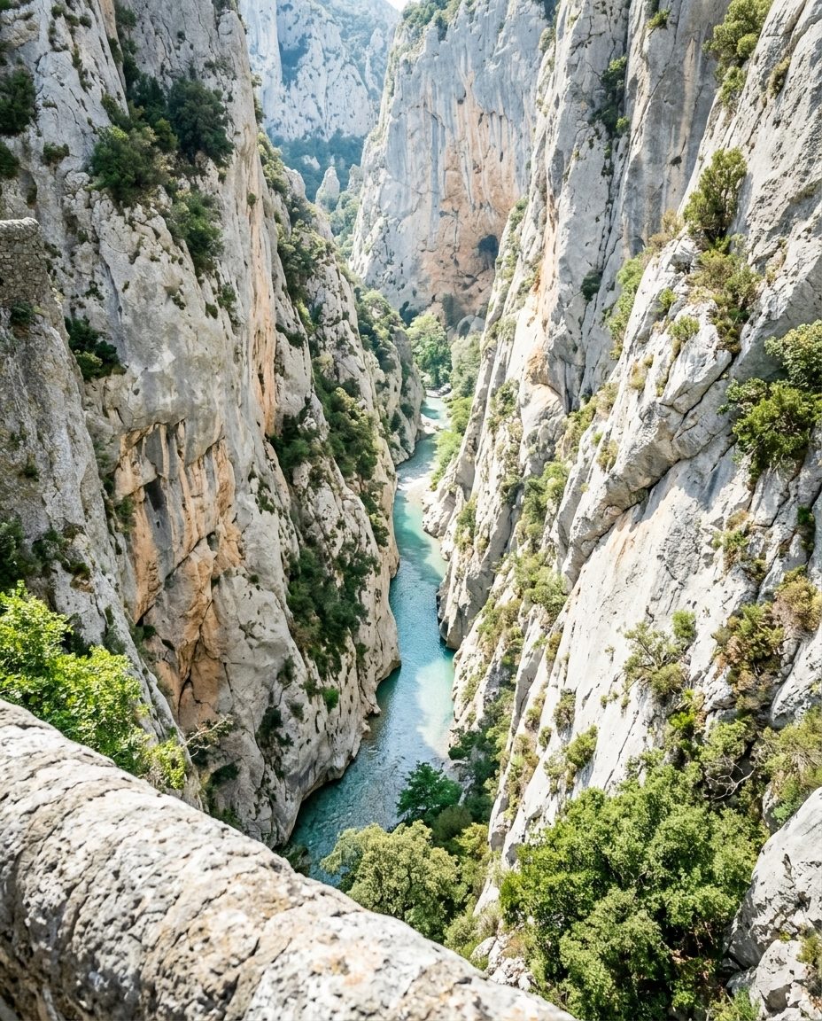 Falaises calcaires des gorges de Galamus plongeant vers l'Agly