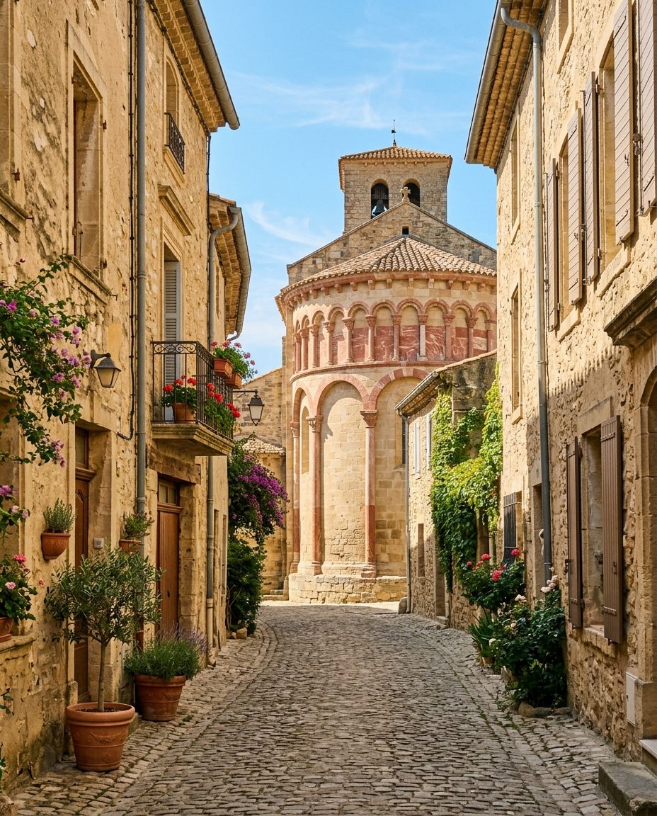 L'abbaye bénédictine et les ruelles de Caunes-Minervois, village du marbre rouge incarnat