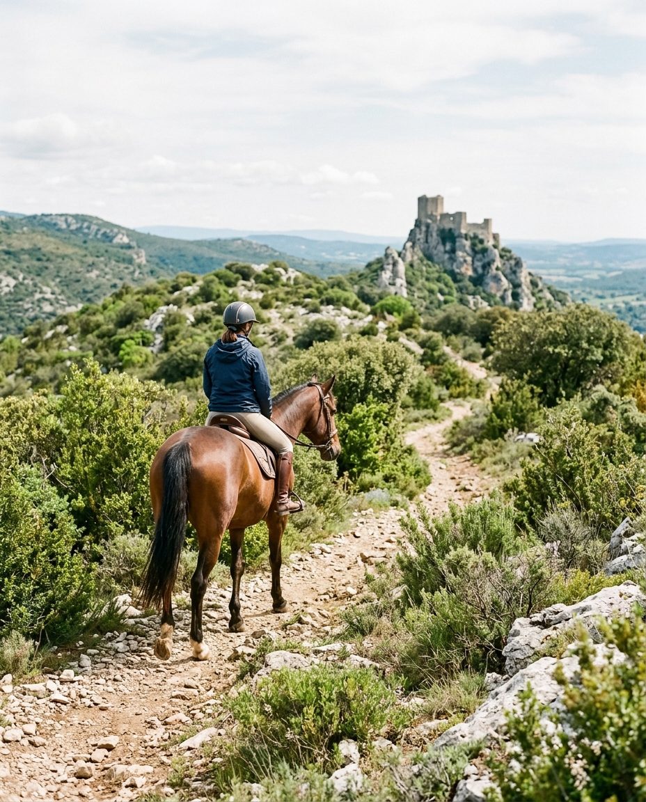 Cavalier sur un sentier de garrigue de l'Aude avec un château cathare en arrière-plan