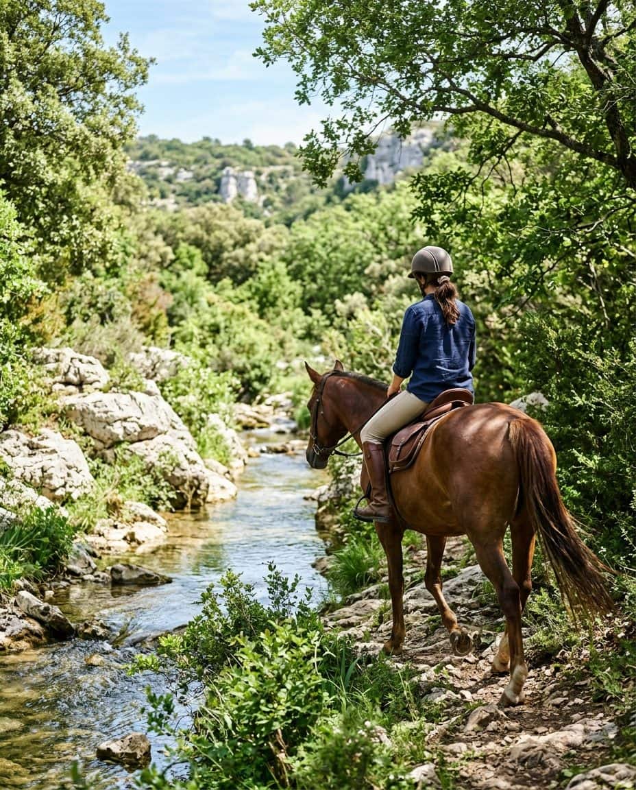 Cavalier au pas le long d'un ruisseau ombragé dans la garrigue de l'Aude