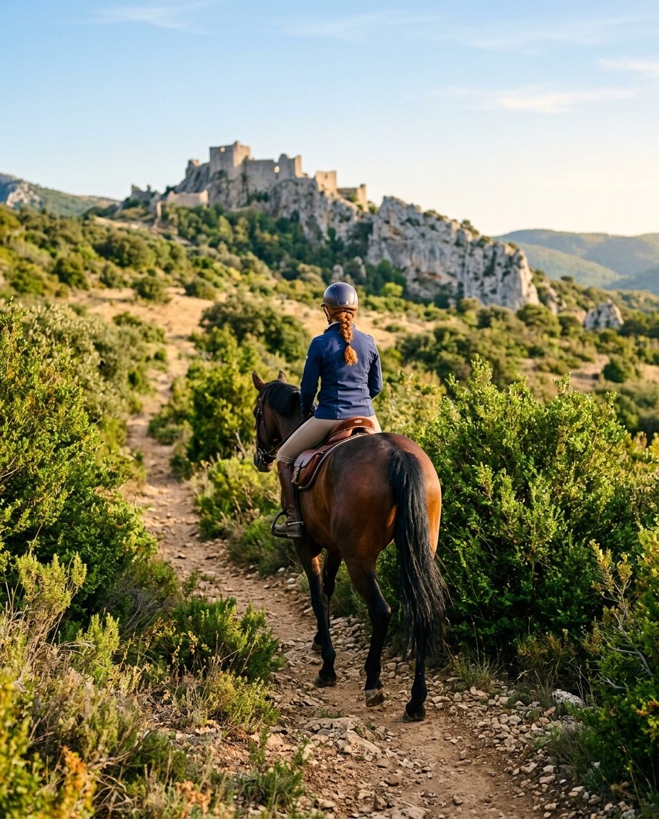 Cavalier au pas sur un sentier de garrigue de l'Aude avec un château cathare en arrière-plan