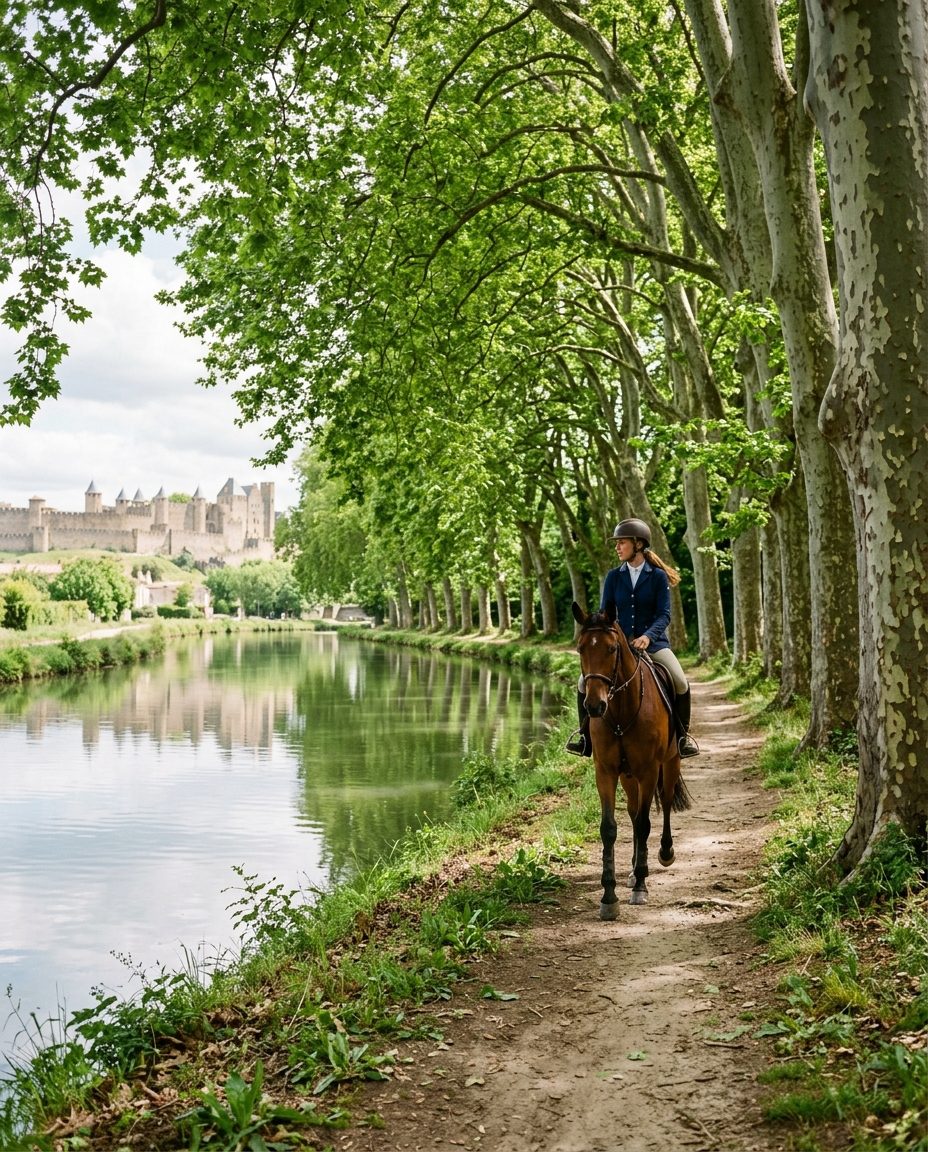 Cavaliers le long du Canal du Midi près de Carcassonne