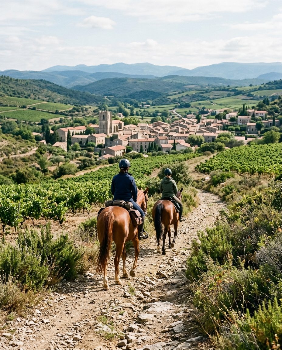 Deux cavaliers au pas dans les vignes et la garrigue des Corbières, au-dessus d'un village audois