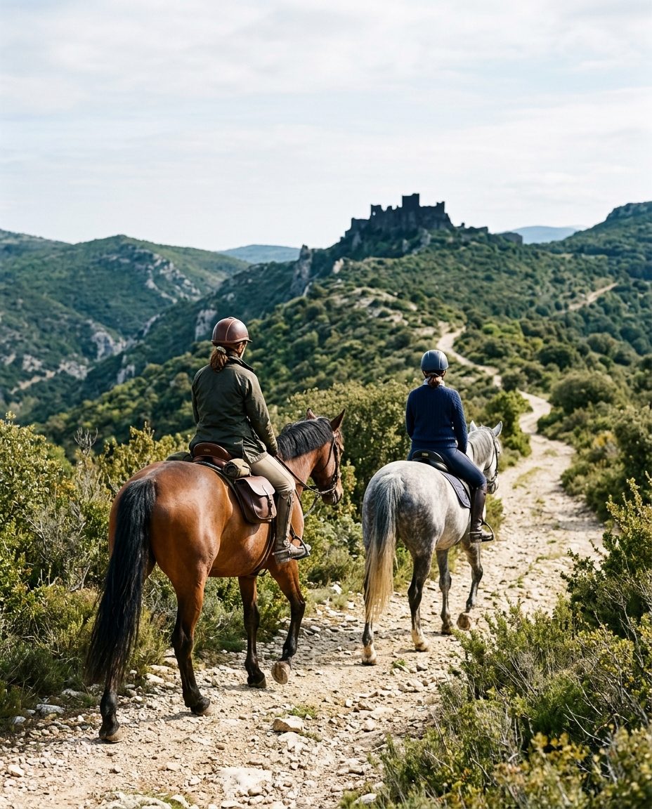 Cavaliers sur le sentier cathare dans l'Aude