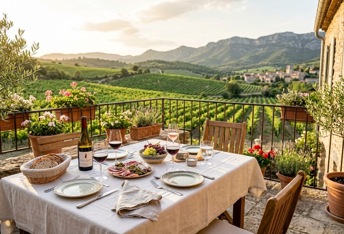 Terrasse de chambre d'hôtes dans les vignes de l'Aude, table d'hôtes dressée