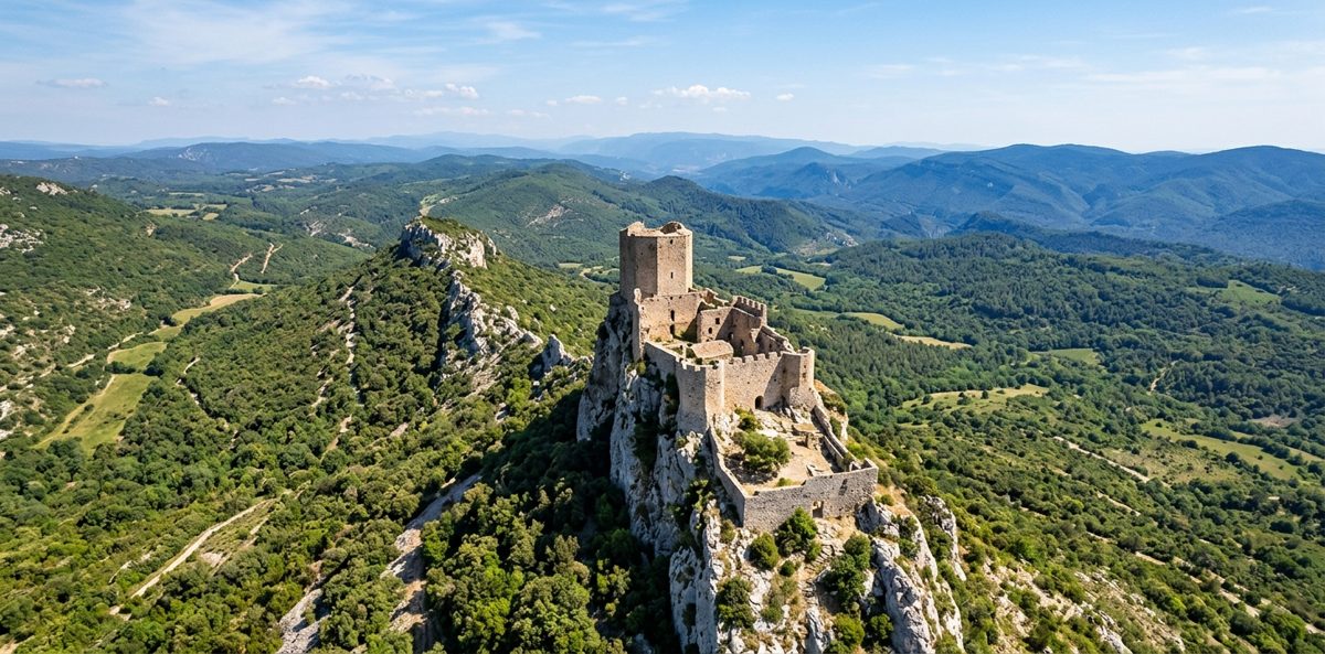 Château cathare de Quéribus perché sur son piton rocheux face aux Corbières