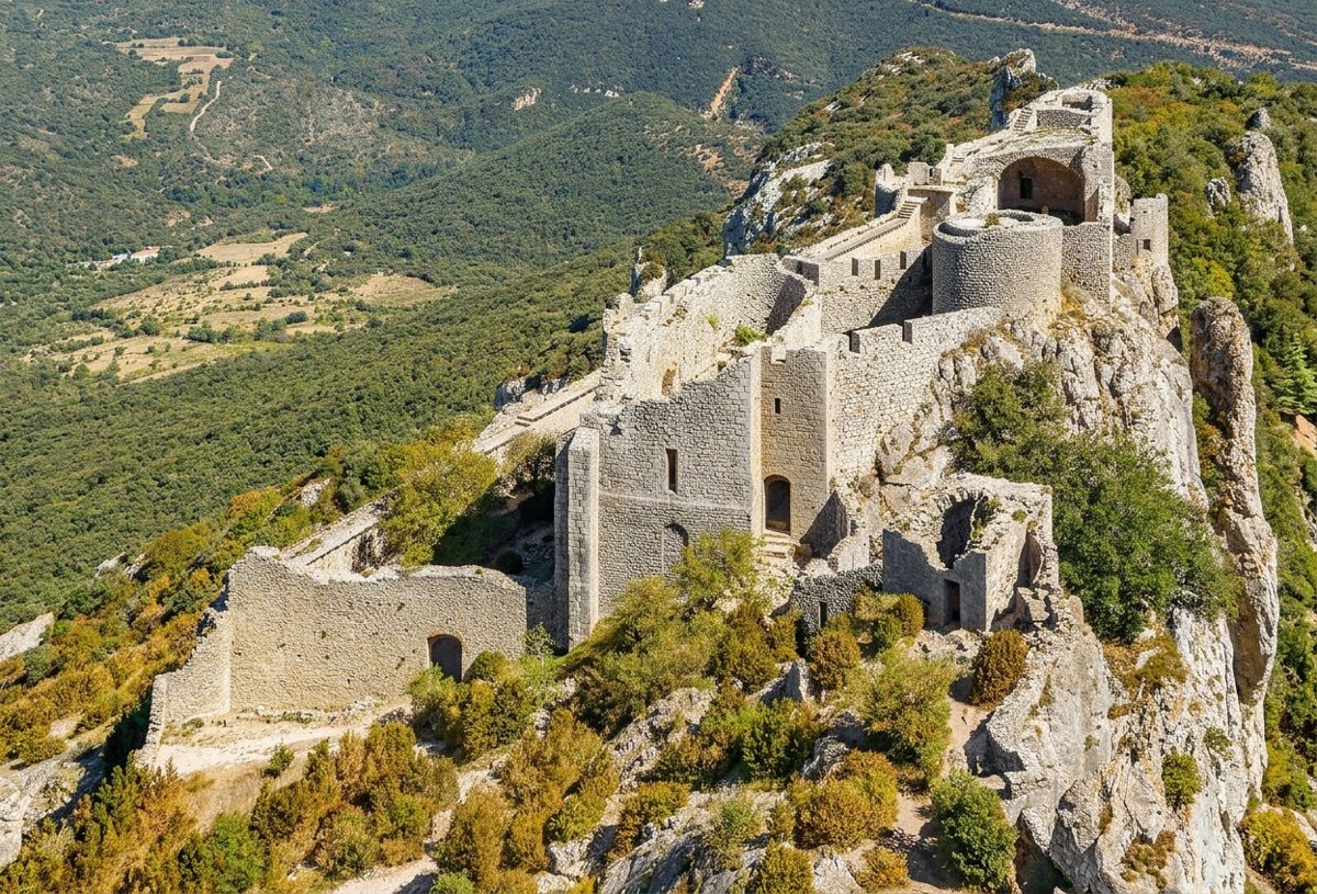 Forteresse de Peyrepertuse sur sa crête rocheuse, Pays Cathare