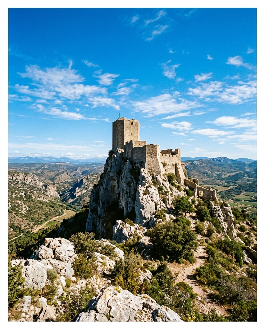Château cathare de Quéribus perché sur son piton rocheux face aux Corbières dans l'Aude