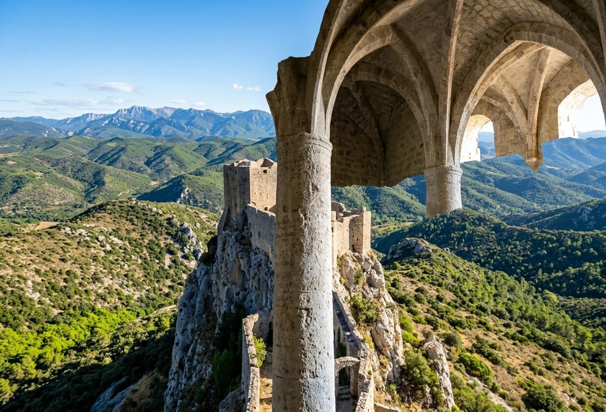 Le château de Quéribus perché sur son piton rocheux, panorama sur les Corbières