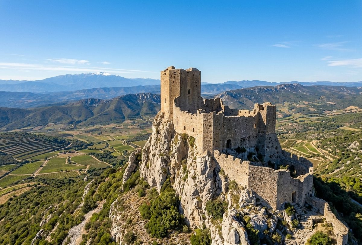 Château de Quéribus perché au-dessus des vignes des Corbières