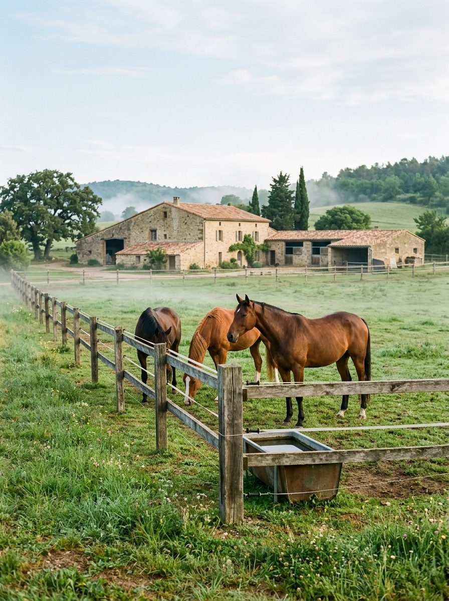 Chevaux au pré clôturé devant une ferme équestre audoise au petit matin