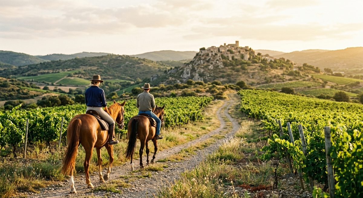 Cavaliers en balade à cheval dans les vignes et la garrigue des Corbières près de Lagrasse