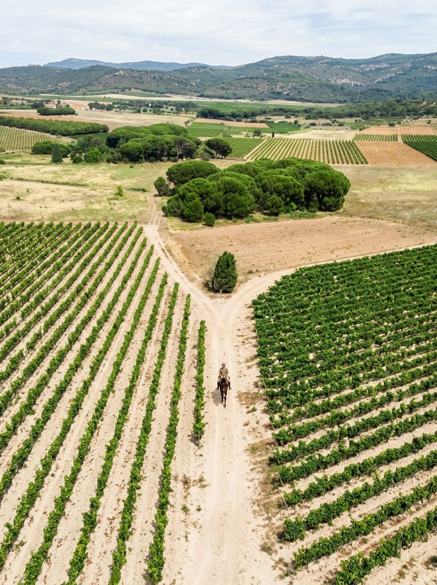 Cavalier traversant les vignes des Corbières dans l'Aude
