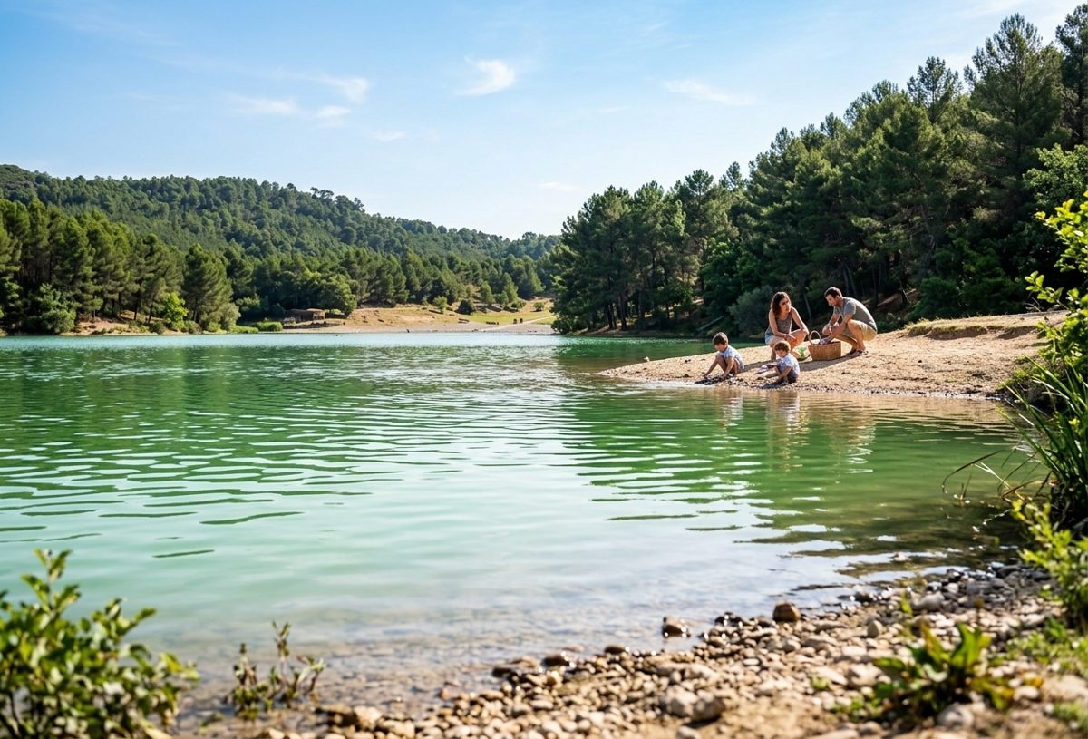 Famille au bord du lac de la Cavayère près de Carcassonne