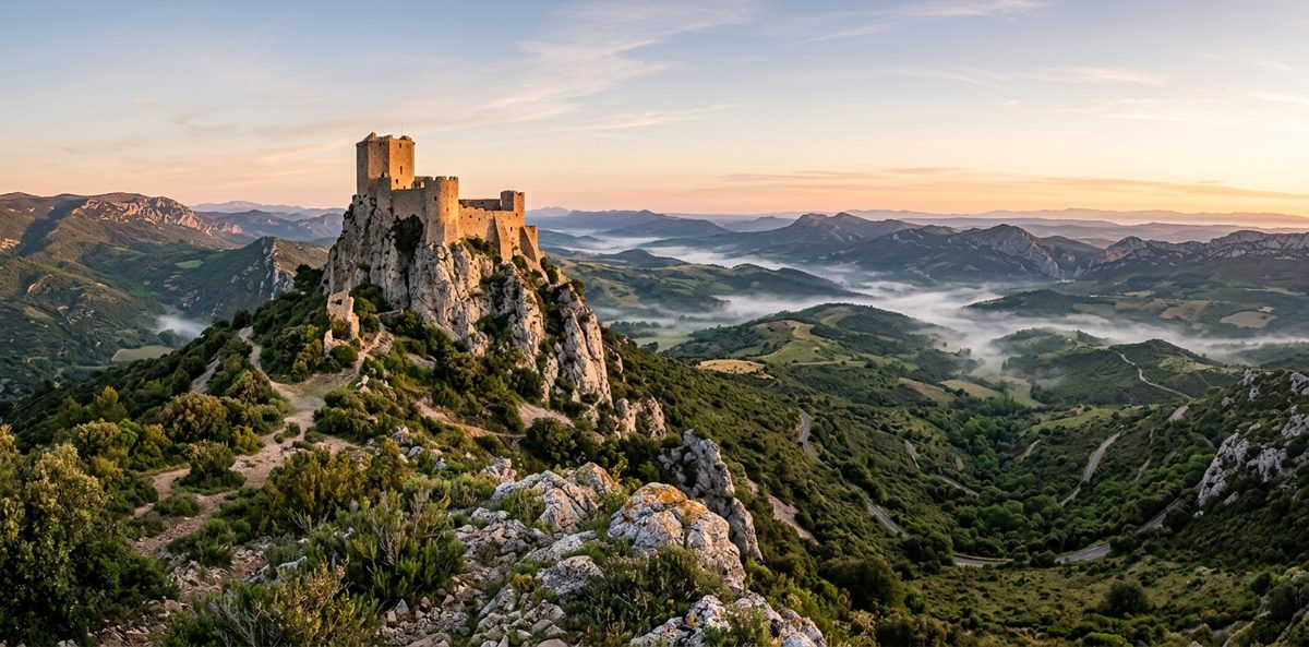 Château cathare dominant les collines de l'Aude au lever du jour