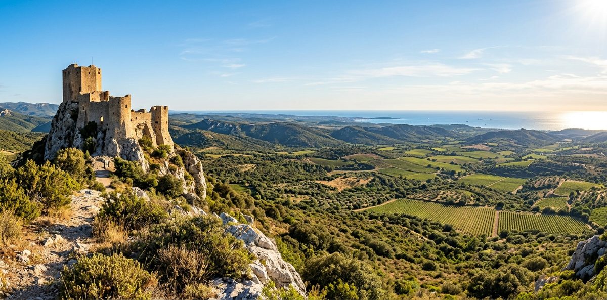 Panorama du Pays Cathare : château perché, garrigue et Méditerranée au loin
