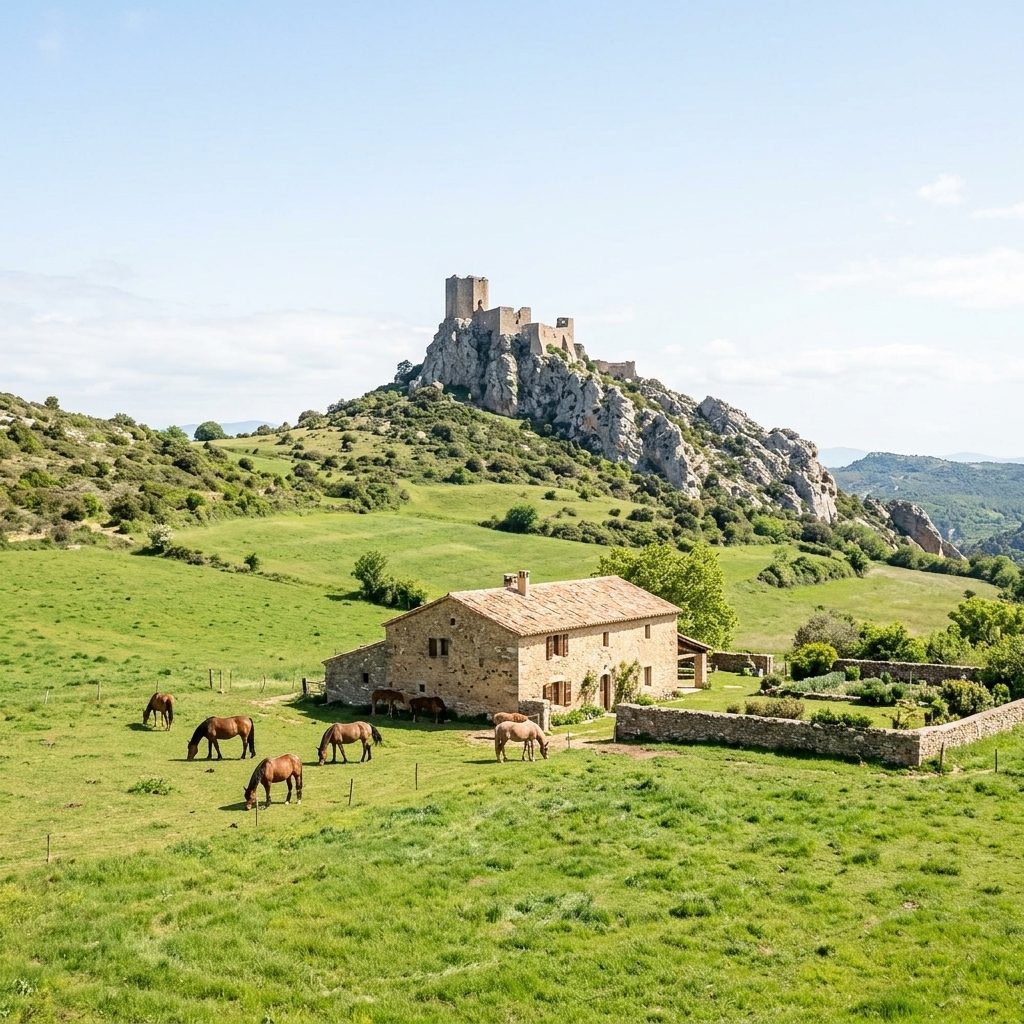 Gîte d'étape équestre avec chevaux au pré et château cathare en arrière-plan dans l'Aude