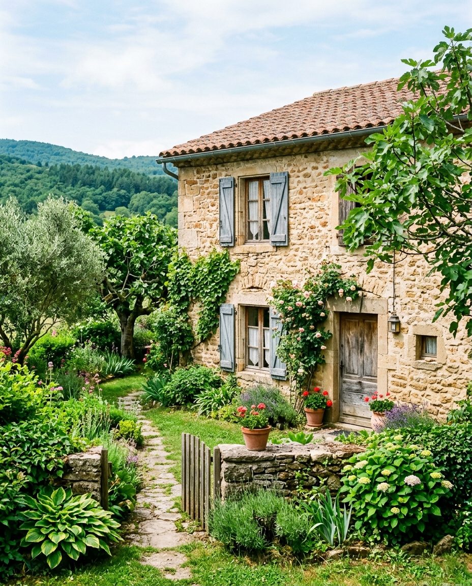 Ancienne ferme en pierre du gîte La Source et la Sorcière entourée de forêt