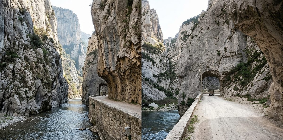 Route taillée dans la falaise au plus étroit des gorges de Saint-Georges à Axat