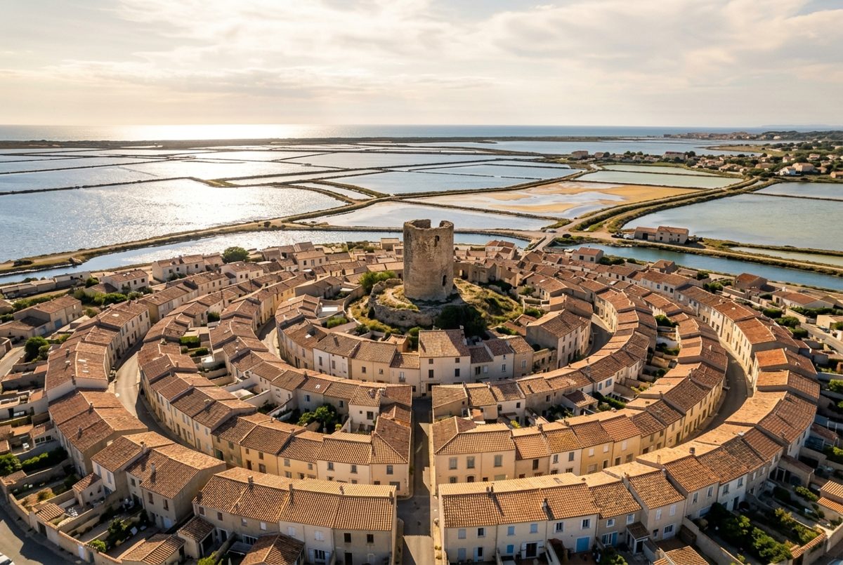 Le vieux village circulaire de Gruissan lové autour de la tour Barberousse, face aux étangs
