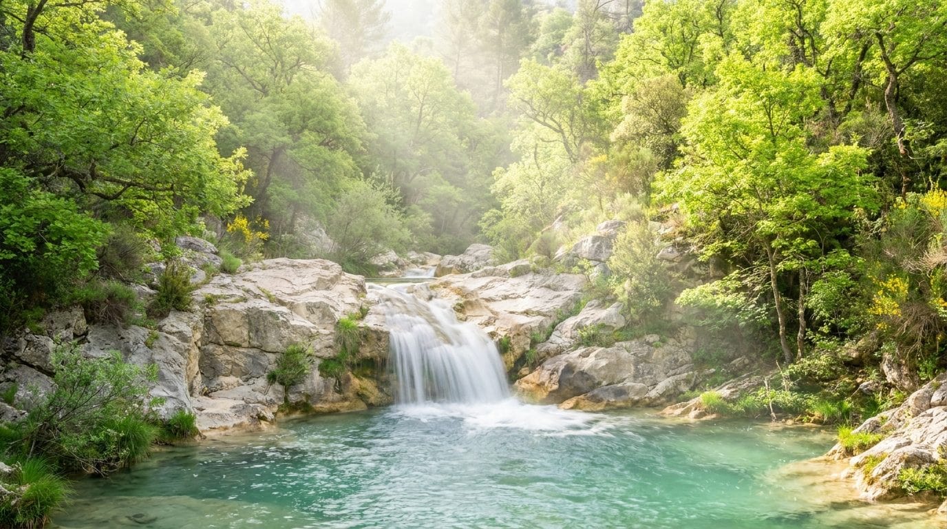 Cascade dans un sous-bois lumineux de l'Aude, eau claire entre les rochers