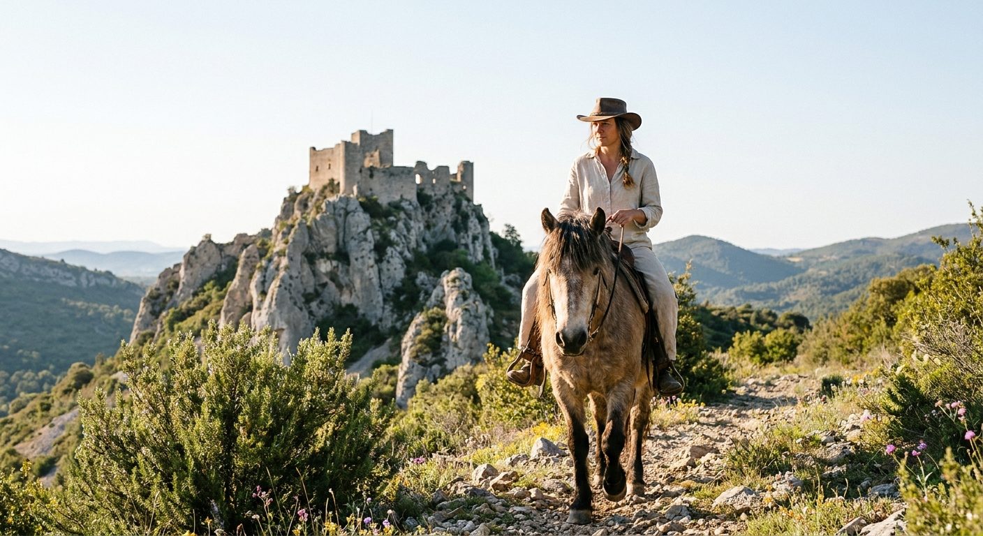 Cavalier sur le sentier cathare à cheval au pied d'un château perché des Corbières