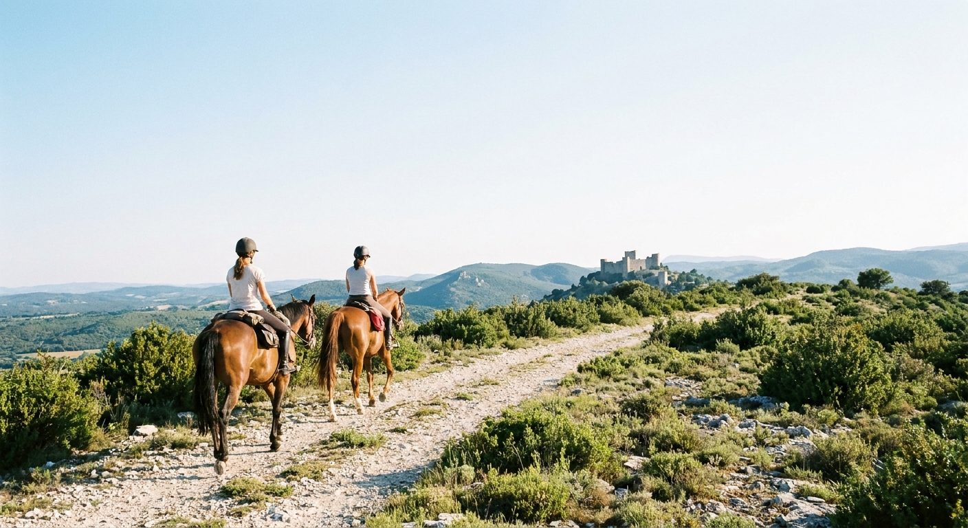 Deux cavaliers en randonnée sur un sentier lumineux des Corbières audoises