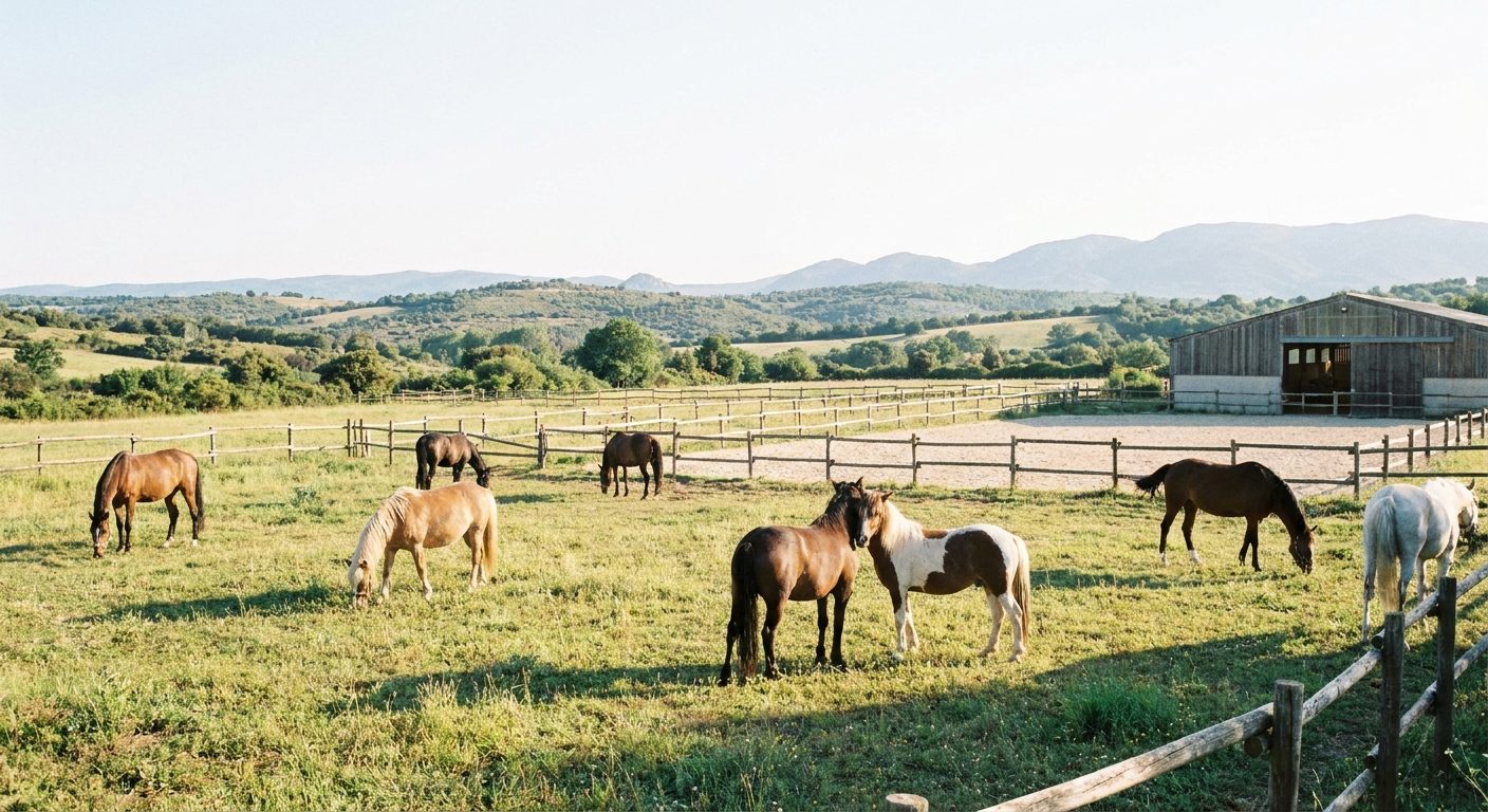 Chevaux au pré dans un centre équestre de l'Aude au pied des Corbières
