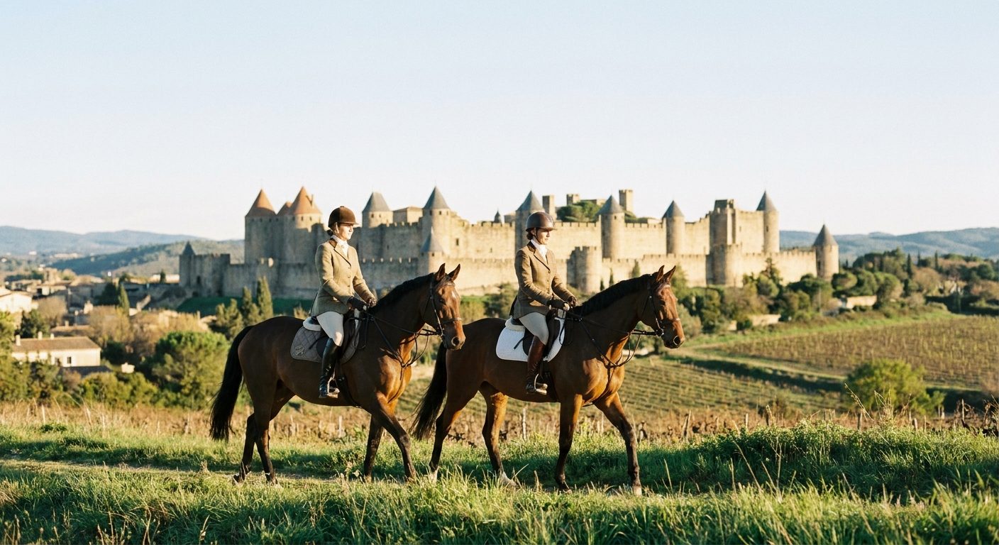 Balade à cheval au pied des remparts de la Cité de Carcassonne