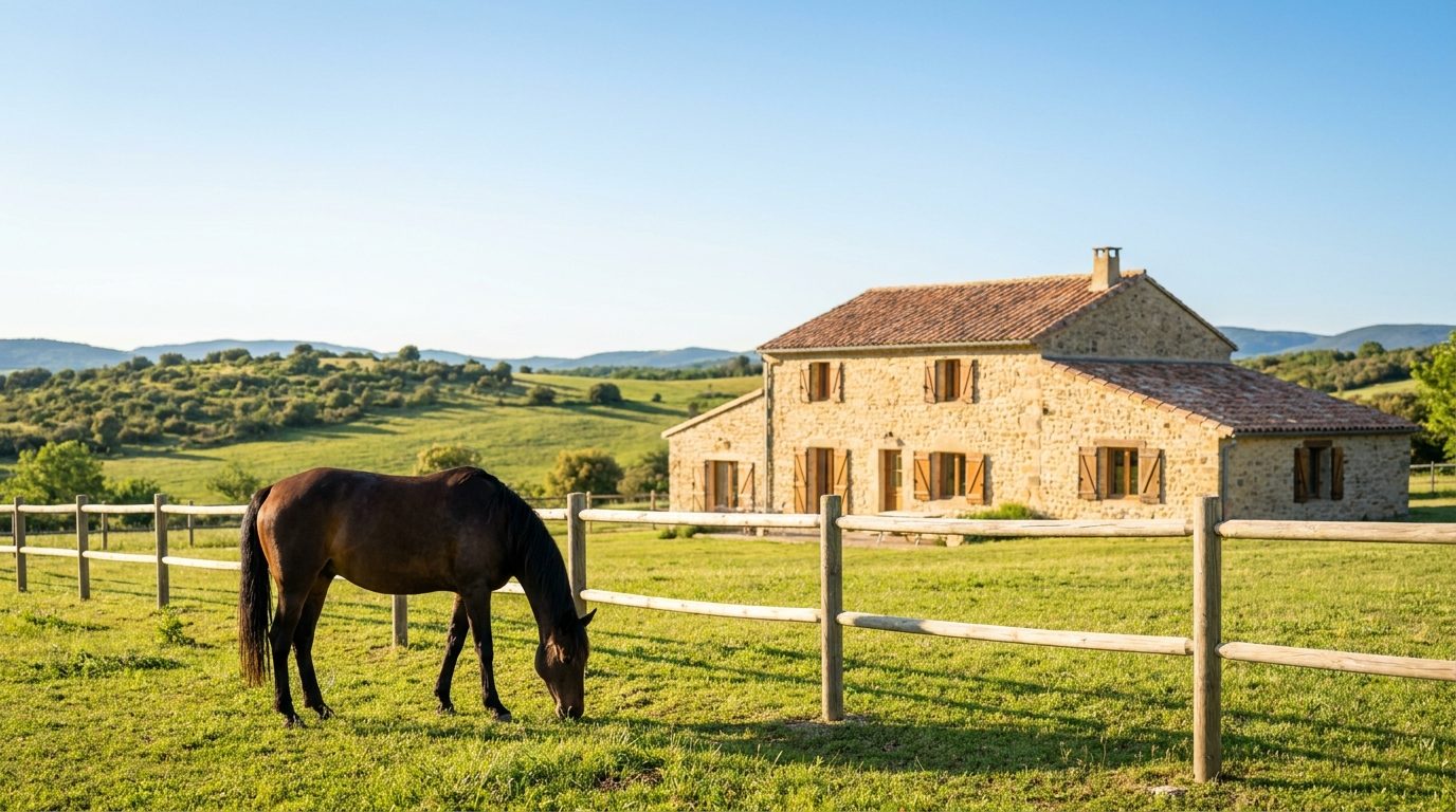 Cheval au pré devant un gîte en pierre dans la campagne audoise au coucher du soleil