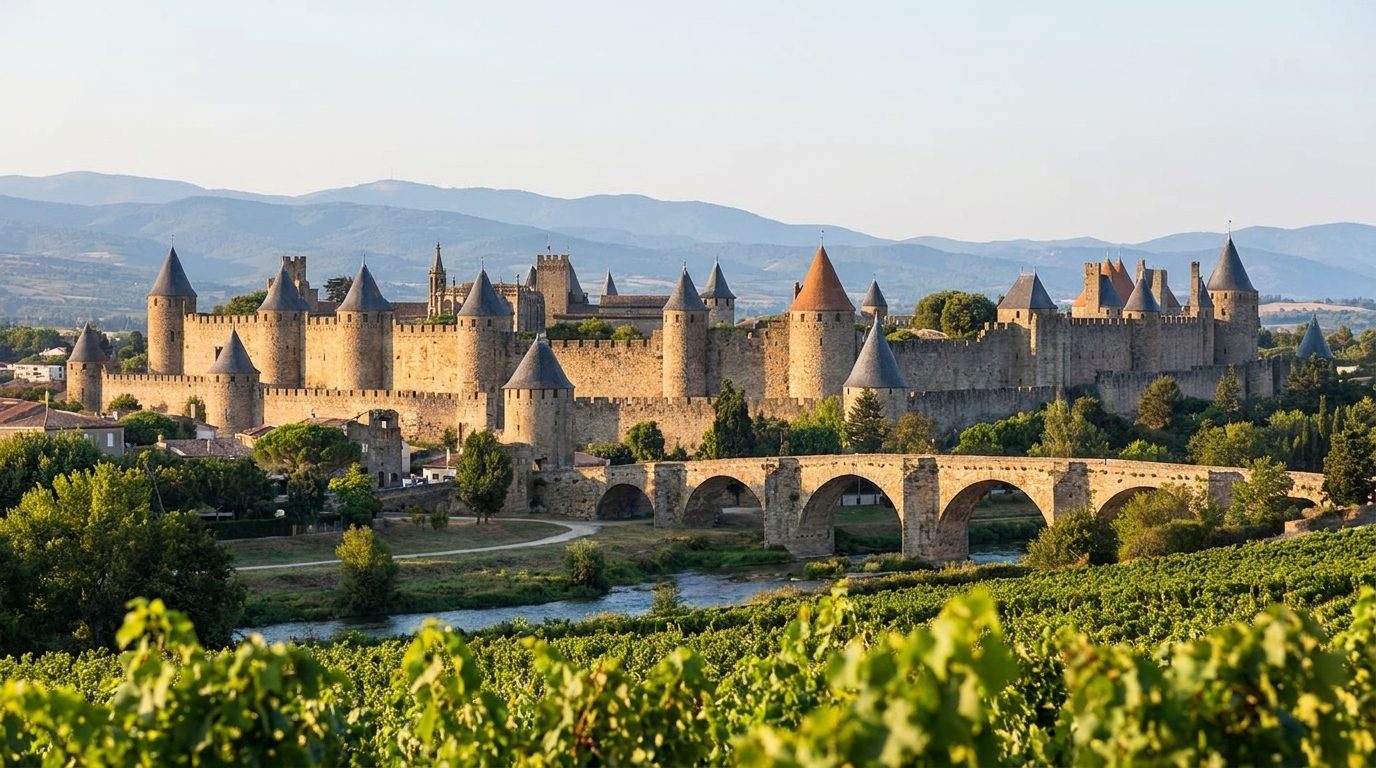 La Cité de Carcassonne sous une lumière dorée, dans l'Aude
