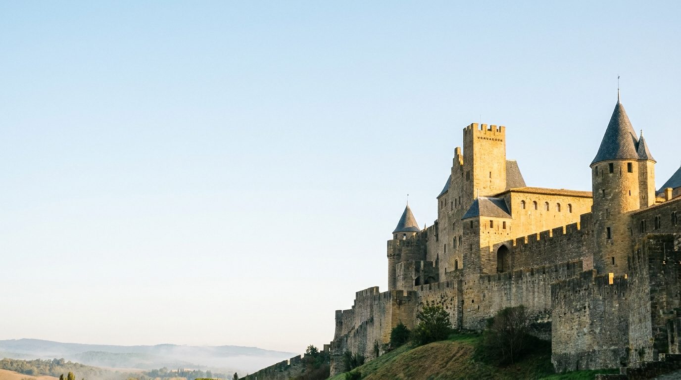 La Cité de Carcassonne au petit matin sous une lumière dorée, idéale pour un week-end dans l'Aude
