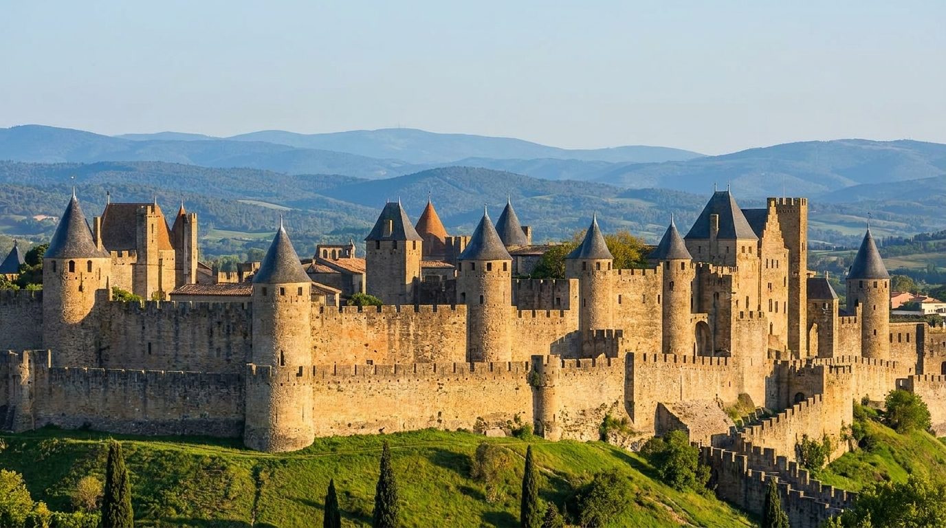 La Cité de Carcassonne et ses remparts illuminés par la lumière dorée de fin de journée