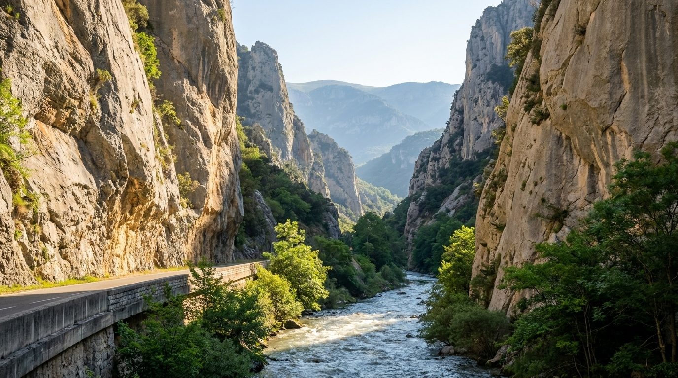Route D118 serpentant dans les gorges de l'Aude entre des falaises calcaires de la Haute Vallée