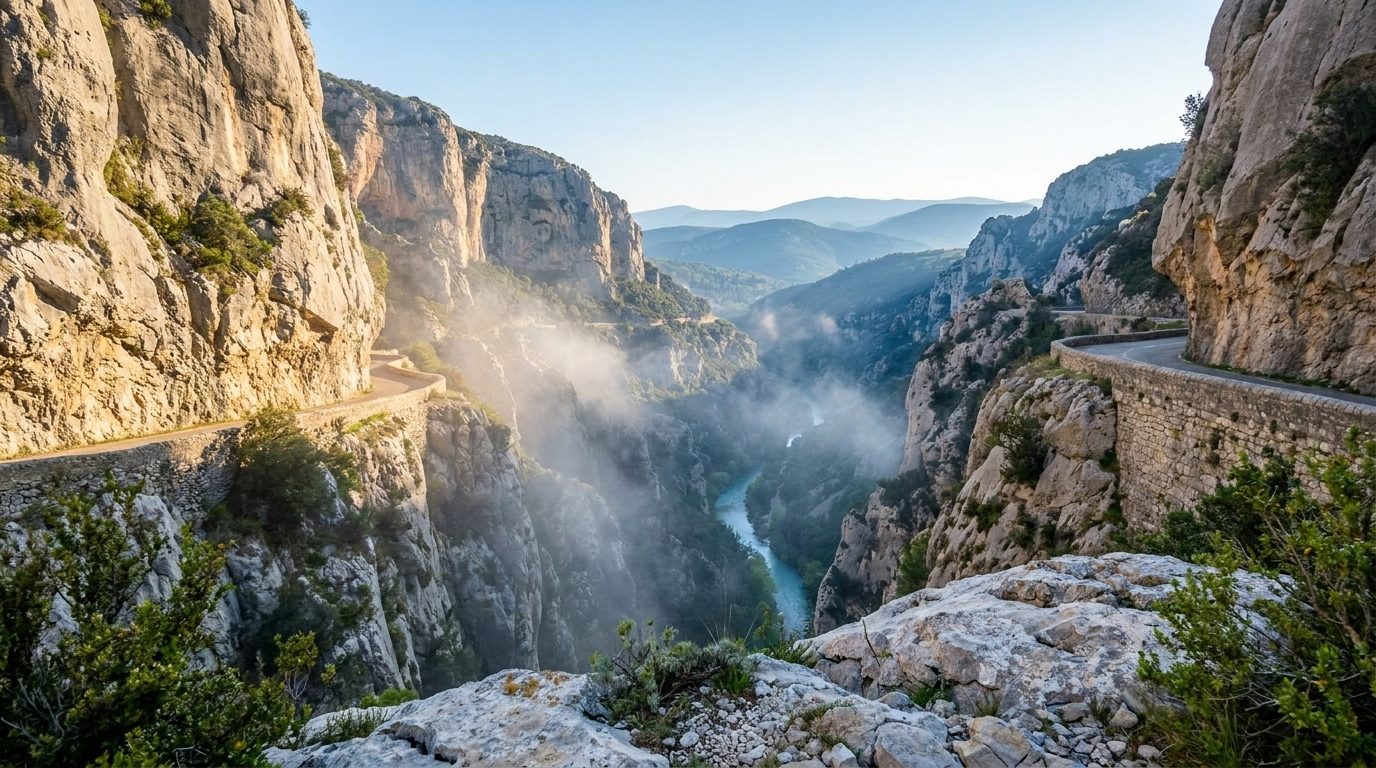 Route en corniche des gorges de Galamus surplombant le canyon de l'Agly