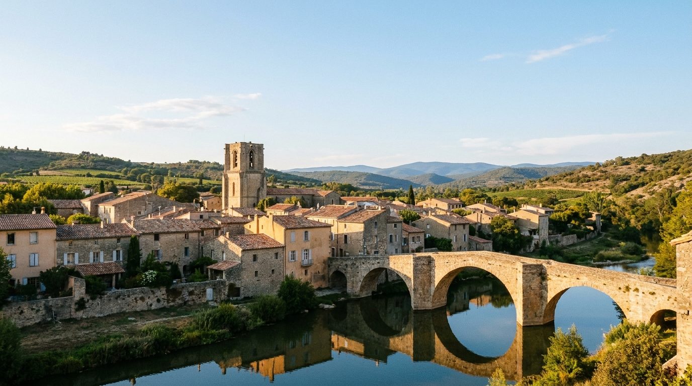 Le vieux pont et les toits de Lagrasse au bord de l'Orbieu, dans les Corbières audoises