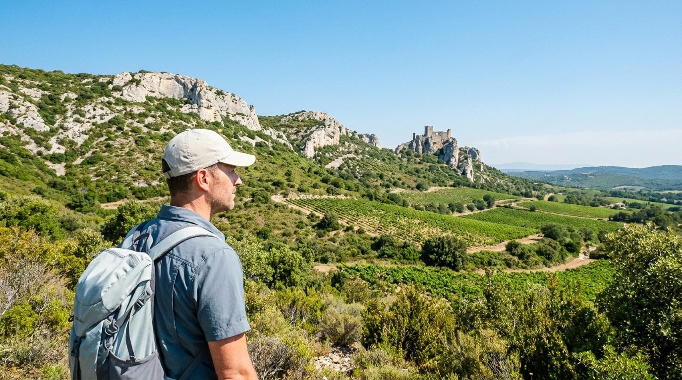 Massif des Corbières dans l'Aude, garrigue et château perché au coucher du soleil