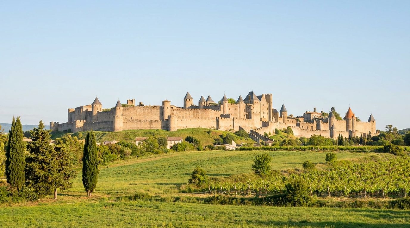 Panorama de la Cité de Carcassonne et de la campagne audoise sous une lumière claire