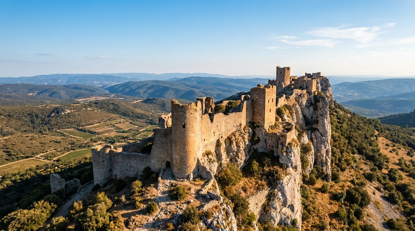 Citadelle de Peyrepertuse posée sur son piton rocheux au cœur des Corbières, en Pays cathare
