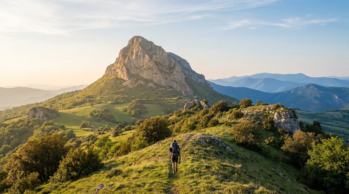 Randonneur sur un sentier de crête face au pic de Bugarach dominant la Haute Vallée de l'Aude