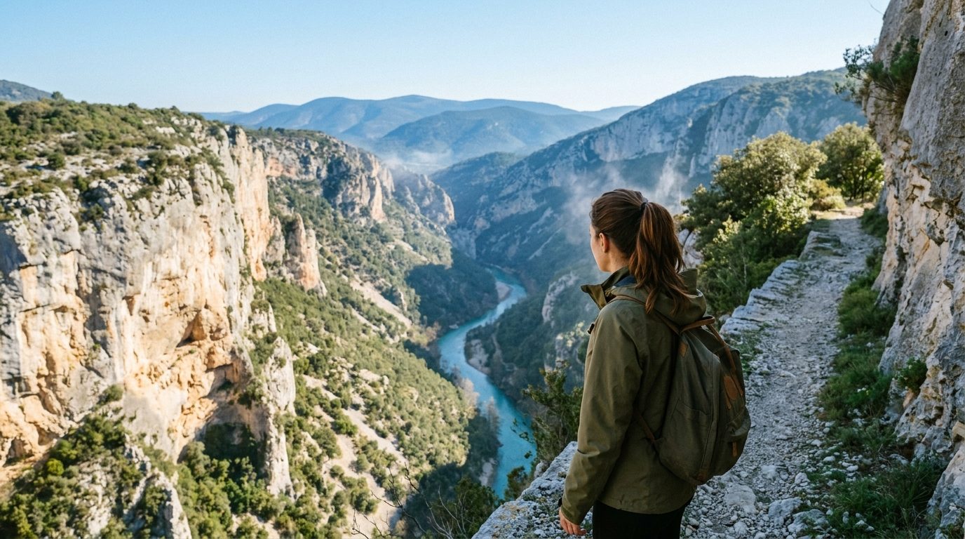 Sentier de randonnée surplombant les gorges de Galamus dans l'Aude en pleine lumière