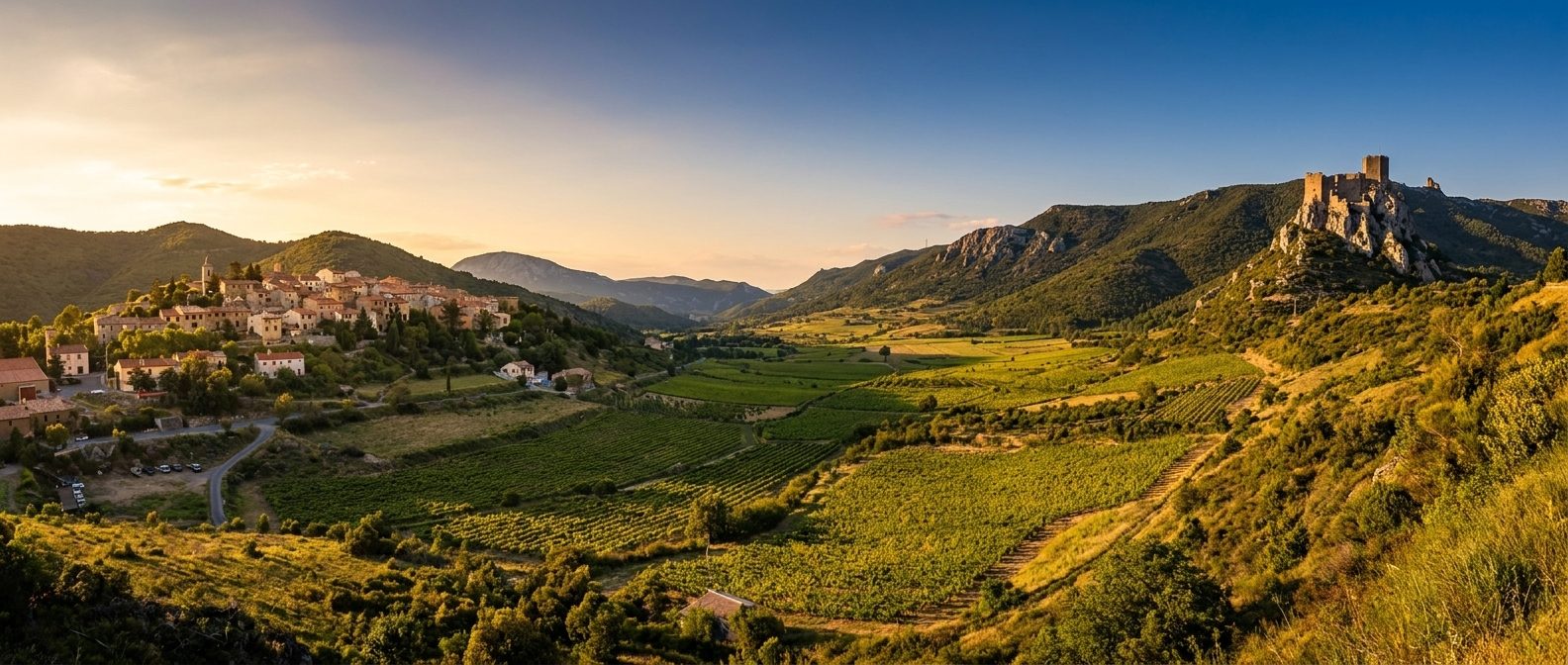 Le village de Cucugnan sur sa colline, dominé par le château de Quéribus dans les Corbières
