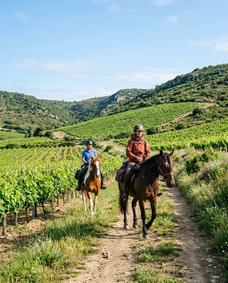 Chevaux de randonnée dans les Corbières viticoles du Pays Cathare