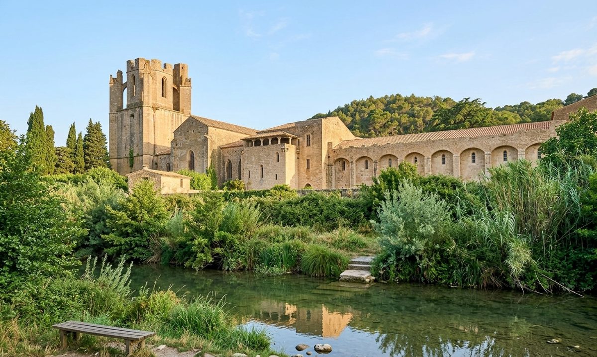 Cour et bâtiments médiévaux de l'abbaye Sainte-Marie de Lagrasse