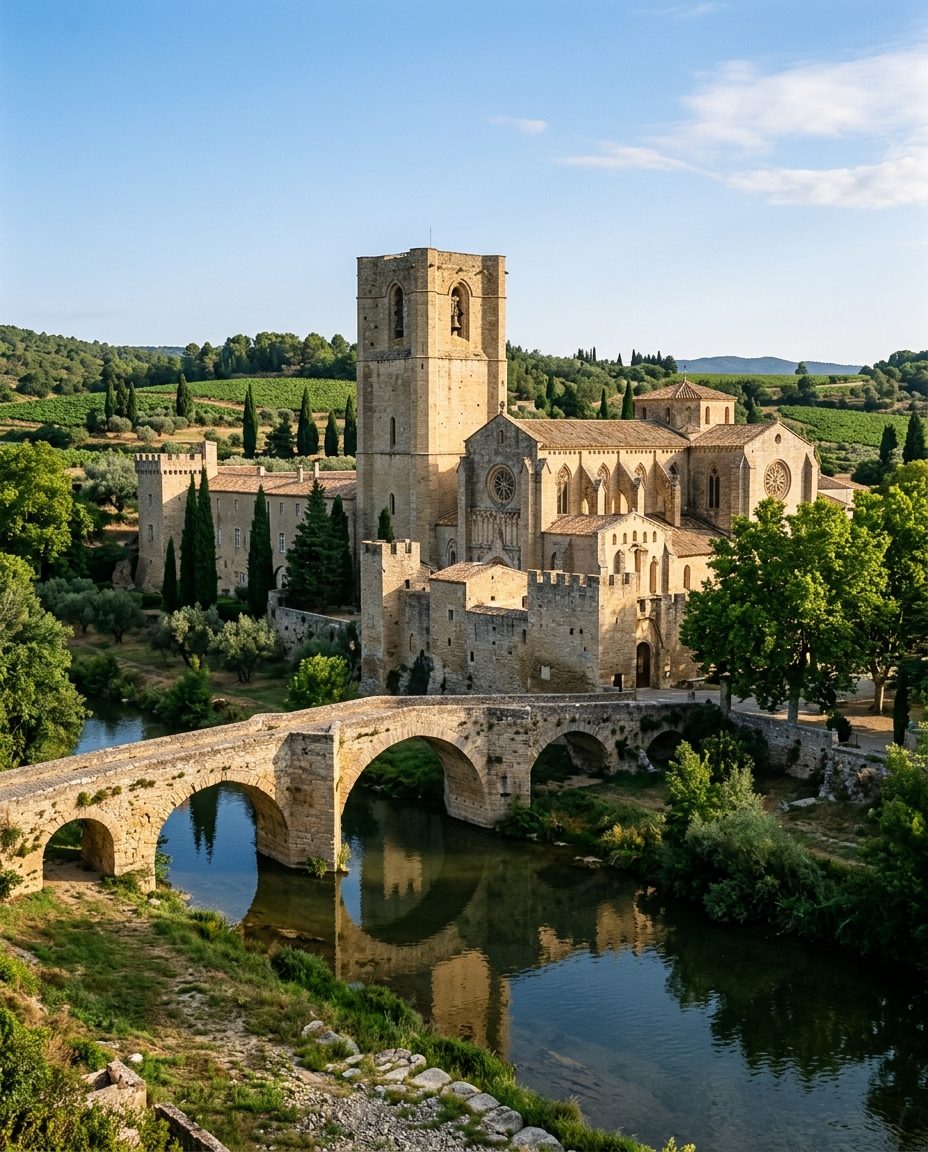 L'abbaye Sainte-Marie de Lagrasse au bord de l'Orbieu, joyau de l'art roman des Corbières